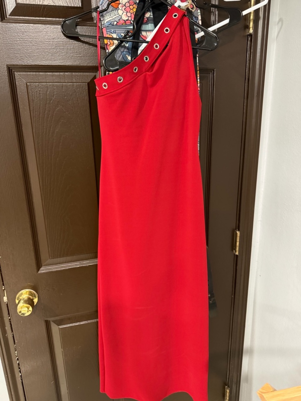 Zara Red One-Shoulder Grommet-Trim Dress
